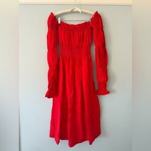 Red Off-Shoulder Linen Maxi Dress with Pockets (M)